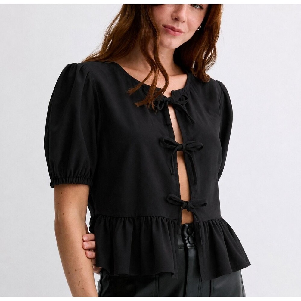 Liberty Love Womens Black Linen Blend Tie Front Puff Sleeve Peplum Blouse Size L